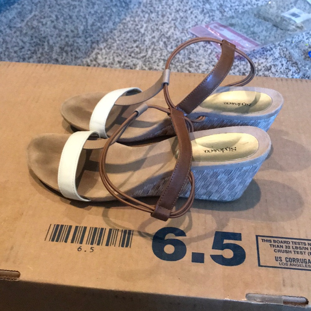 Style and Co sandals, camel and cream straps